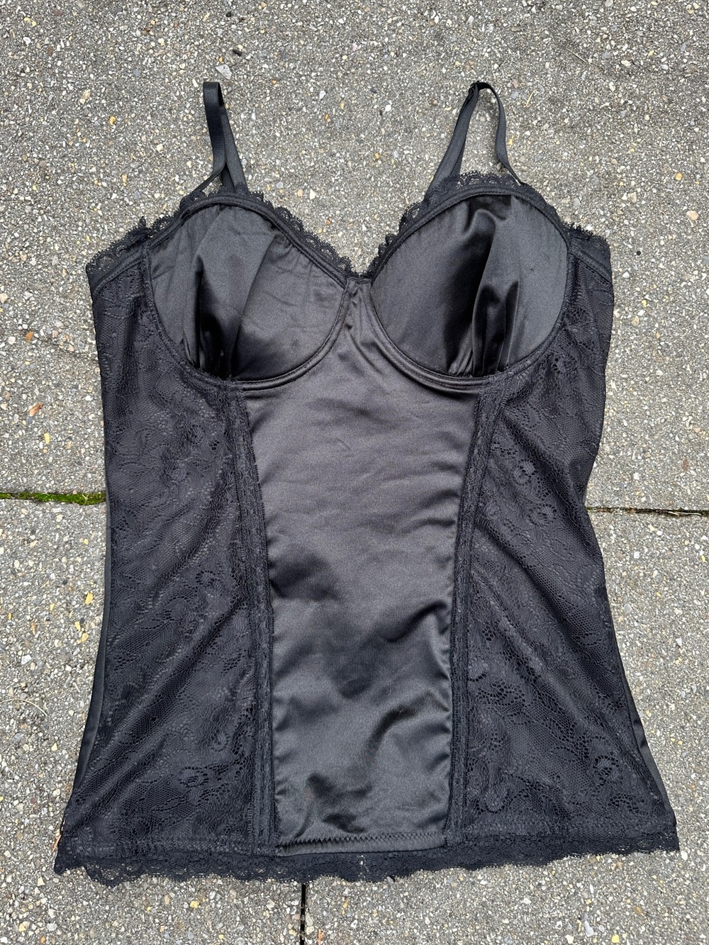 Vintage Boned Black Satin & Lace Bustier Corset Top - Medium
